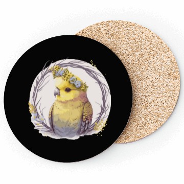 Discover Cute Yellow Budgie Parakeet Bird Flower Crown Pet Coasters