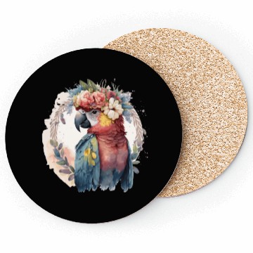 Discover Watercolor Parrot Macaw Bird Flower Crown Pet Bird Coasters
