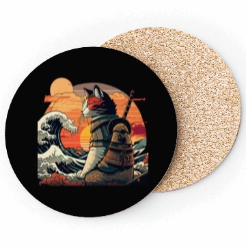 Discover Retro samurai cat The Great Wave Hokusai Coasters