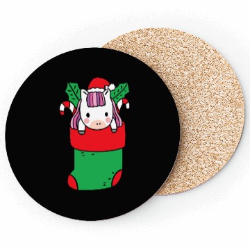 Discover Cute Unicorn inside Christmas Sock with Candy Cane Coasters