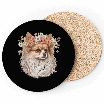 Discover Cute Pomeranian Pom Flower Crown Pet Dog Breed Flo Coasters
