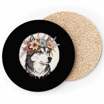 Discover Cute Siberian Husky Flower Crown Pet Dog Breed Flo Coasters