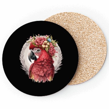 Discover Scarlet Macaw Parrot Watercolor Bird Flower Crown Coasters