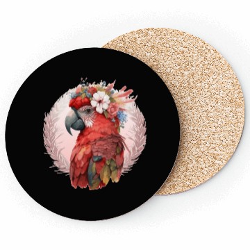 Discover Red Scarlet Macaw Flower Crown Parrot Watercolor B Coasters