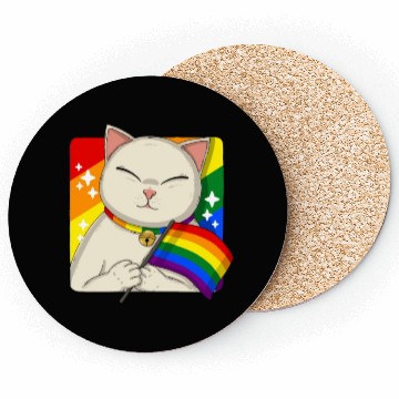 Discover Cute Cat Holding LGBTQ Pride Flag Coasters