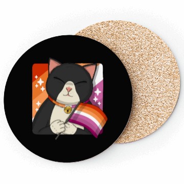 Discover Cute Tuxedo Cat Holding Lesbian Pride Flag Coasters