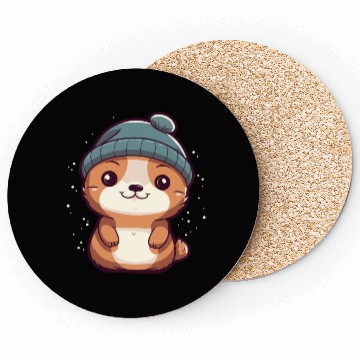 Discover Cute Baby Otter with Winter Hat and Snowflakes Coasters
