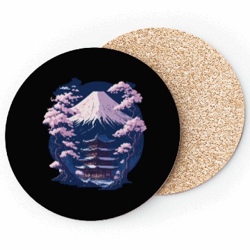 Discover Mount Fuji and a Temple With Cherry Blossoms Coasters