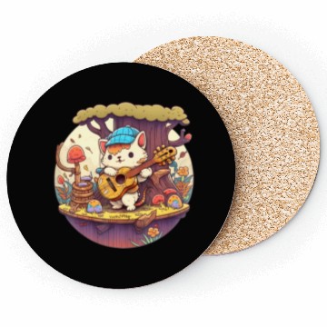 Discover Cute Kawaii Cat Playing Guitar Banjo On Log Coasters