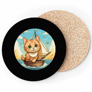 Discover Sailing Cat on Sailboat, Sunset Animal Design Coasters