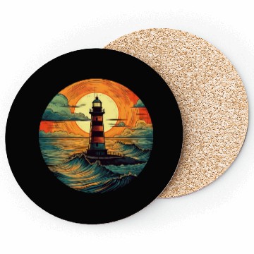 Discover Lighthouse at Sunset, Romantic Nature Design Coasters