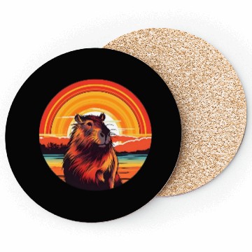 Discover Sunset Serenity: Rustic Capybara Stripe Illustrate Coasters