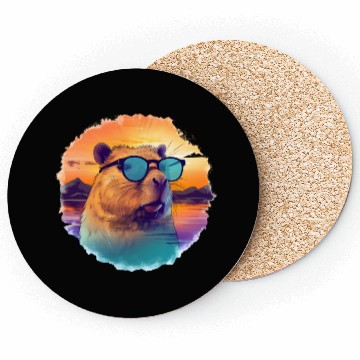 Discover Sunset Serenity: Rustic Capybara Stripe Illustrate Coasters