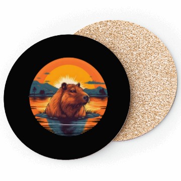 Discover Sunset Serenity: Rustic Capybara Stripe Illustrate Coasters