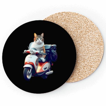 Discover 3D cute adorable white cat rides a red motorcycle Coasters