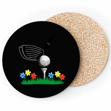 Discover Golf stick and ball on grass field with flowers Coasters