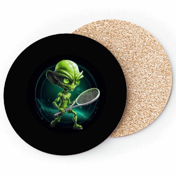 Discover Cool Green Alien Tennis Player: Unique Sports Desi Coasters