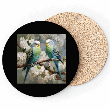 Discover Green and blue Parakeets with flowers Coasters