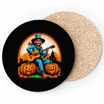 Discover Happy Halloween scarecrow plays guitar Coasters