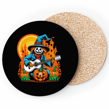 Discover Happy Halloween scarecrow plays guitar Coasters