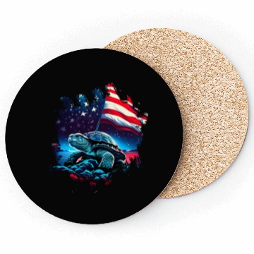 Discover America turtle under Moon with American Flag Coasters