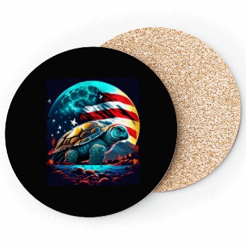 Discover America turtle under Moon with American Flag Coasters
