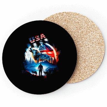 Discover America wolf under Moon with American Flag Coasters