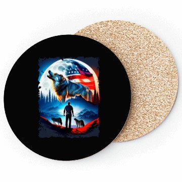 Discover America wolf under Moon with American Flag Coasters