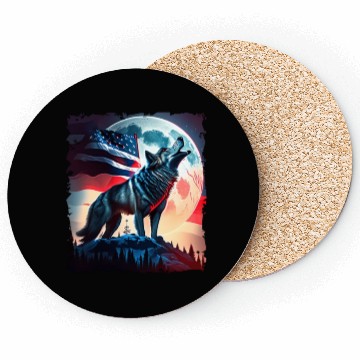 Discover America wolf under Moon with American Flag Coasters