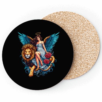 Discover Pretty angel on lion with flowers Coasters