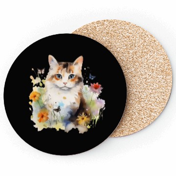 Discover Watercolor Cat Flowers & Butterflies Coasters