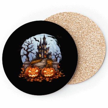 Discover Spooky Haunted House Halloween Pumpkin Bat Coasters