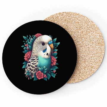 Discover Blue budgie with flowers Coasters