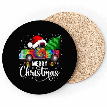 Discover Merry Christmas Truck Tree Santa Hat Lights Coasters
