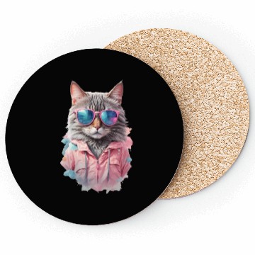 Discover Modern Chic Cat In Pink Pastel Color Coasters