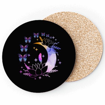 Discover Celestial Serenity Moon, Lotus, Feather, butterfly Coasters