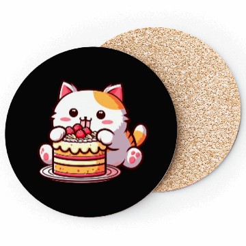 Discover Cherry Cake Delight: Sweet Comic Cat Indulges Coasters