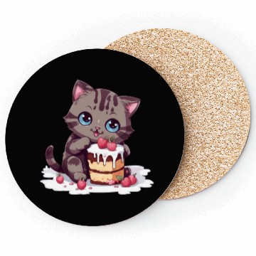 Discover Cherry Cake Delight: Sweet Comic Cat Indulges Coasters