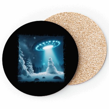 Discover UFO Beams Snowman in Winter Night Coasters