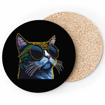 Discover Retro Cat: Yellow Glasses Charm Coasters