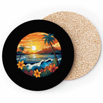 Discover Retro Surfboard Design Flowers Palm Trees Ocean Coasters