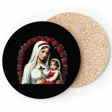 Discover Mother Mary and Baby Jesus with Red Roses Coasters