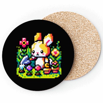 Discover 8-Bit Bunny Gardener: Retro Digital Garden Scene Coasters