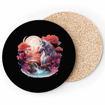 Discover Joyful unicorn scene with a smiling unicorn Coasters