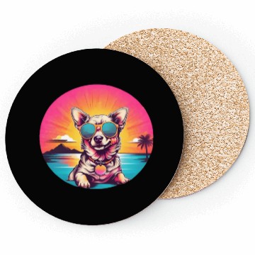 Discover Retro dog wearing sunglasses - Neon sunset Coasters