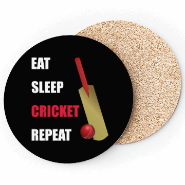 Discover Eat Sleep Cricket Repeat Red and White Text Coasters