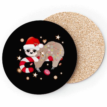 Discover funny sloth with candy cane for Christmas Coasters