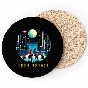 Discover Cyberpunk Explorers - Neon Nomads Pixel Art Coasters