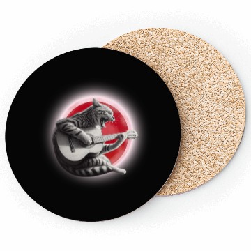 Discover Rock Cat Playing Guitar Coasters under the red moon