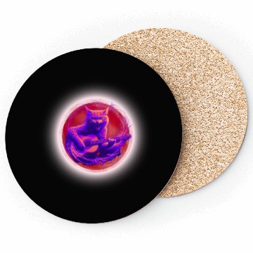 Discover Rock Cat Playing Guitar Coasters under the red moon